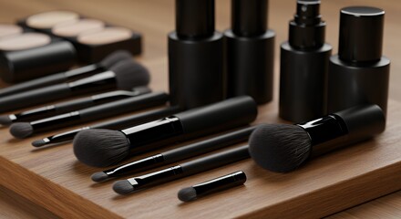 Black Makeup Brushes Set on Wooden Surface with Makeup Products