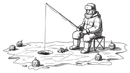 Elderly caucasian male ice fishing in winter gear with fishing rod and ice augers – retro hand drawn illustration