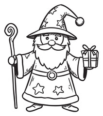 Cartoon wizard with stars decor, gift, and staff in hand-drawn style – retro hand drawn illustration