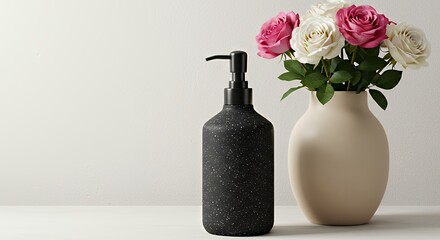 Black Soap Dispenser and White Vase with Pink and White Roses on White Surface