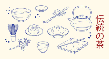 Japanese. Tea Ceremony. A minimal blue and red vector line art illustration set of traditional tea items for a menu, a cultural poster, a blog, or a packaging design with Japanese text.