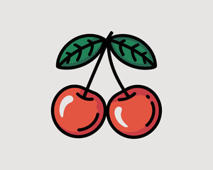 cherry, cherries, fruit, icon, vector, logo, sticker, clipart, illustration, kawaii, cute, red, sweet, fresh, juicy, harvest, orchard, stem, leaves, green, tart, dessert, smoothie, jam, pie, summer, s