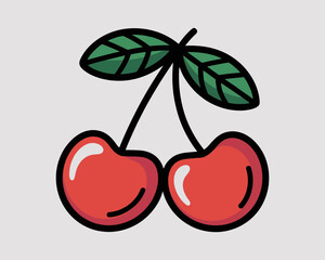 cherry, cherries, fruit, icon, vector, logo, sticker, clipart, illustration, kawaii, cute, red, sweet, fresh, juicy, harvest, orchard, stem, leaves, green, tart, dessert, smoothie, jam, pie, summer, s
