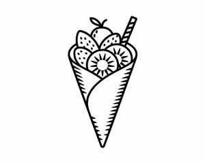 fruit, crepe, cone, dessert, sweet, pastry, waffle, wrap, snack, cafe, bakery, patisserie, logo, icon, vector, outline, lineart, monochrome, minimal, black, food, gourmet, treat, strawberry, kiwi, che