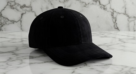 Black Baseball Cap on Marble Surface in Minimalist Style