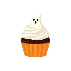 Spooky Halloween Ghost Cupcake with White Frosting and Orange Wrapper, a Delicious Trick or Treat Dessert