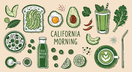 California. Morning. Healthy. A hand drawn vector illustration set of healthy breakfast food for a cafe menu, a food blog, a recipe card, or a vibrant and modern packaging design.