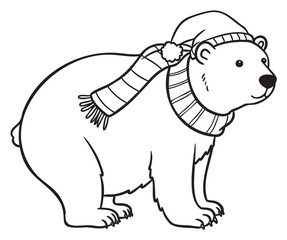 Obraz premium Cartoon polar bear in winter hat and scarf outline – retro hand drawn illustration