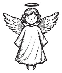 Black and white sketch of young angel with wings and halo – retro hand drawn illustration