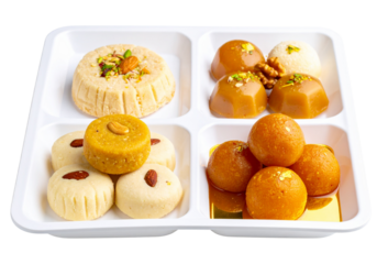 Assorted indian sweets in a white tray with four sections displaying different types of desserts on transparent background