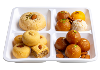 Assorted indian sweets in a white tray with four sections displaying different types of desserts on transparent background