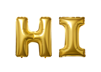 Two large metallic gold foil balloons forming the letters H and I greeting welcome