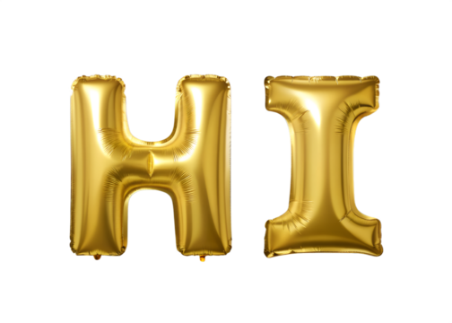 Two large metallic gold foil balloons forming the letters H and I greeting welcome