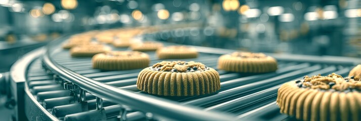 Cookies moving along a conveyor belt in a modern bakery during the morning hours of production