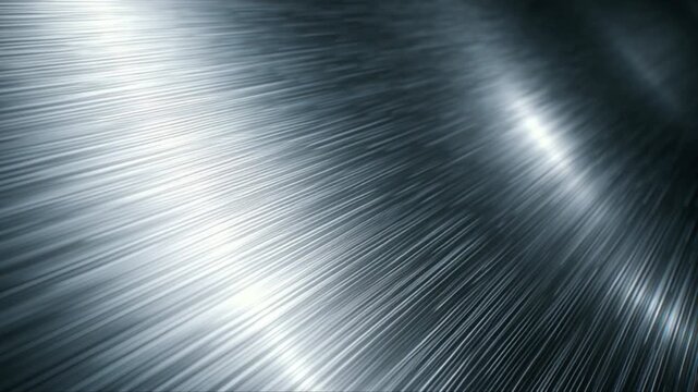 A cinematic advertising close-up of a brushed metallic texture with elegant glowing reflections. The surface is smooth, polished, and hyper realistic, showing fine linear patterns of brushed steel