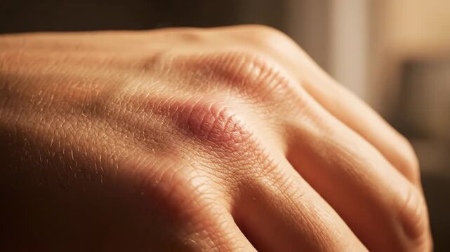 Hand with Skin Cyst Close-up - Detailed close-up of a human hand with a visible skin cyst on the knuckle. The video highlights the skin texture and the abnormal growth.