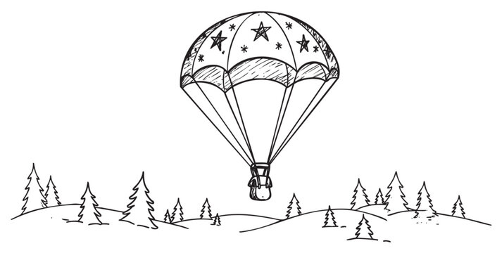 Hand-drawn illustration of parachute with stars over forested landscape &ndash; retro hand drawn illustration