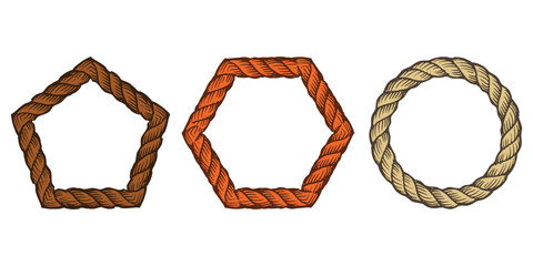 Rope. Frame. Geometric. A rustic vector set of three geometric frames made of rope for a nautical-themed logo, a western-style award, or a decorative branding design element pack.