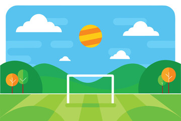 Illustration of Soccer Field with Hills, Sun, Clouds, and Sky in Flat Design Style