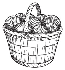 Fototapeta premium Illustrated basket with yarn balls: hand-drawn sketch of knitting supplies – retro hand drawn illustration