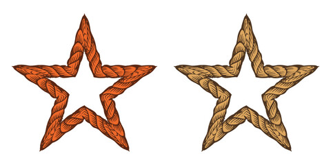 Rope. Frame. Star. A rustic vector set of two star-shaped frames made of rope for a nautical-themed logo, a western-style award, a t-shirt design, or a decorative branding element.