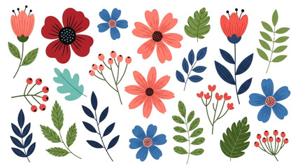 Whimsical Colorful Floral Botanical Icon Set with Romantic Flowers and Leaves Illustration