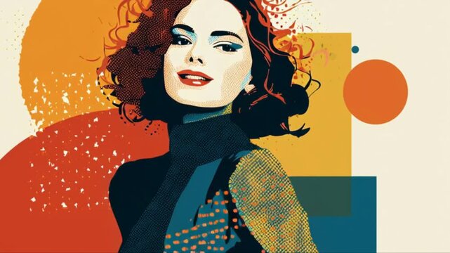 A vibrant animated original abstract stylish vector illustration of a young, beautiful, stylish woman as a stunning video background or graphic video resource for your projects