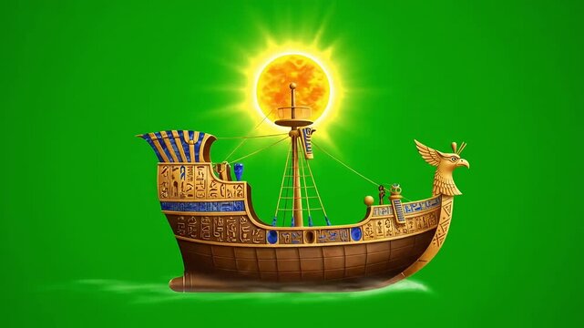Ancient Egyptian solar boat sails across a vibrant green background under a radiant sun.
