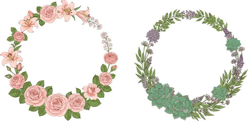 Beautiful Floral Wreaths with Pink Roses and Lilies, Elegant Hand-Drawn Vector Design for Weddings, Spring, and Nature Decor