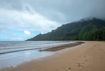 Hawaii scenic beach with mountain in background
