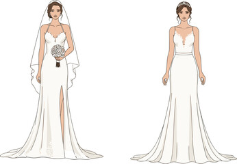 Elegant Bridal Wedding Dress Illustration, Front and Back View, Stylish Gown for Bride, Fashionable Wedding Outfit, Vector Design