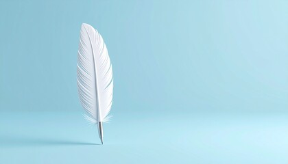 White feather pen placed on pastel blue background, symbol of creativity, writing, learning, and inspiration in a gentle intellectual mood