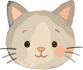 A cute cartoon illustration of a cat’s face with big brown eyes, pink cheeks, and soft beige fur in a kawaii style.