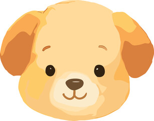 A cute cartoon illustration of a puppy’s face with floppy brown ears, big round eyes, and a cheerful smile in a kawaii style.