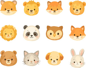 A collection of cute cartoon animal faces including fox, bear, lion, panda, owl, cat, dog, and rabbit, drawn in a soft pastel style.