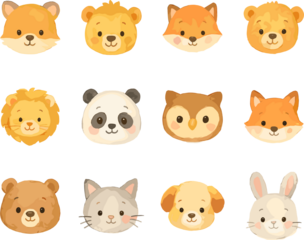A collection of cute cartoon animal faces including fox, bear, lion, panda, owl, cat, dog, and rabbit, drawn in a soft pastel style.