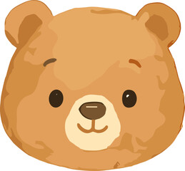 A kawaii cartoon bear face illustration with round ears, big eyes, a cute smile, and a soft brown color palette.