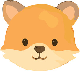 A cute cartoon fox face illustration with bright orange fur, pointy ears, and a sweet kawaii smile.