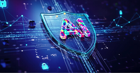 Digital shield with ai symbol protecting data