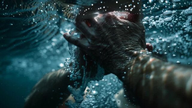 A rich, cinematic, and detailed slow-motion video scene featuring a close-up of a drowning man's hand and the hand of a rescuer. It can also be interpreted as a joint rescue effort