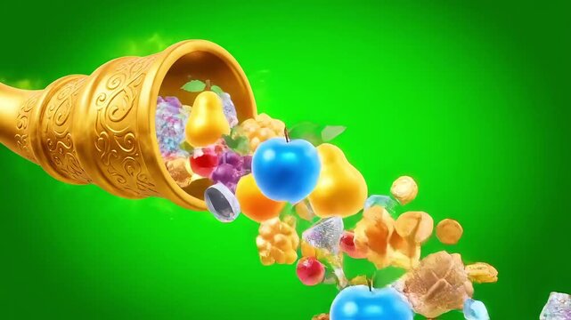 Golden cornucopia overflowing with vibrant, colorful fruits and candies against a bright green background