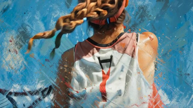 A slow-motion clip of a young, beautiful tennis player playing professional tennis. A stylized, vibrant, and colorful video full of grace, youth, and energy