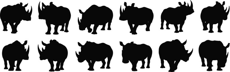 Realistic Rhino Silhouettes Set, Wild Animal Vector Clipart Collection