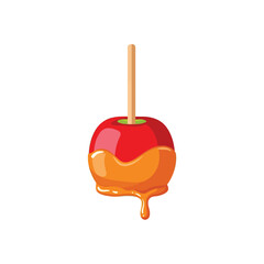 Delicious golden caramel apple with sweet red fruit and dripping sticky sauce, a festive Halloween or autumn treat for kids.