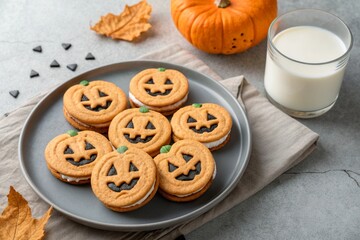 Halloween pumpkin cookies with sweet cream filling on a gray plate with milk on a concrete background. 