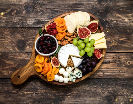 Gourmet cheese and fruit platter on wooden board