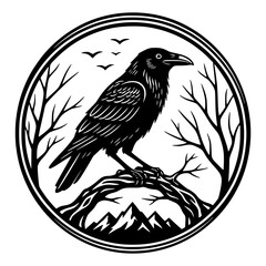 Black Raven on Branch in Circle Emblem, Bird, Nature, Gothic, Mystical, Logo