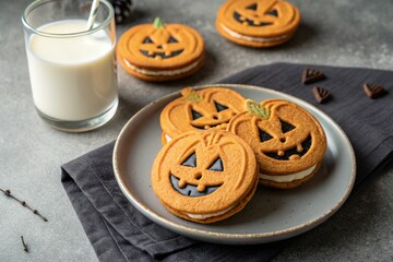 Halloween pumpkin cookies with sweet cream filling on a gray plate with milk on a concrete background. 