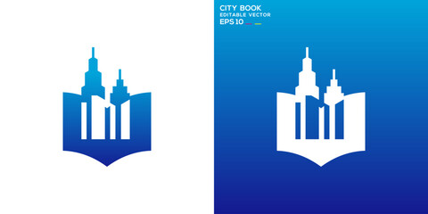 Book city logo. Education, reading, buildings, architecture. Vector design template.