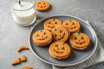 Halloween pumpkin cookies with sweet cream filling on a gray plate with milk on a concrete background. 